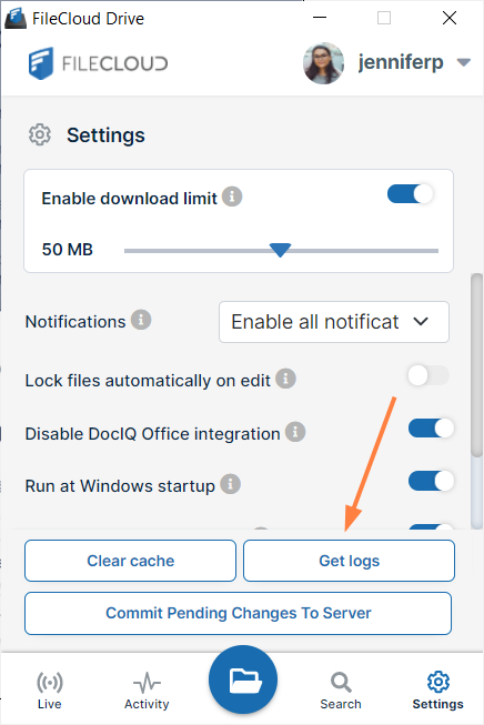 FileCloud Drive Get Logs button.png